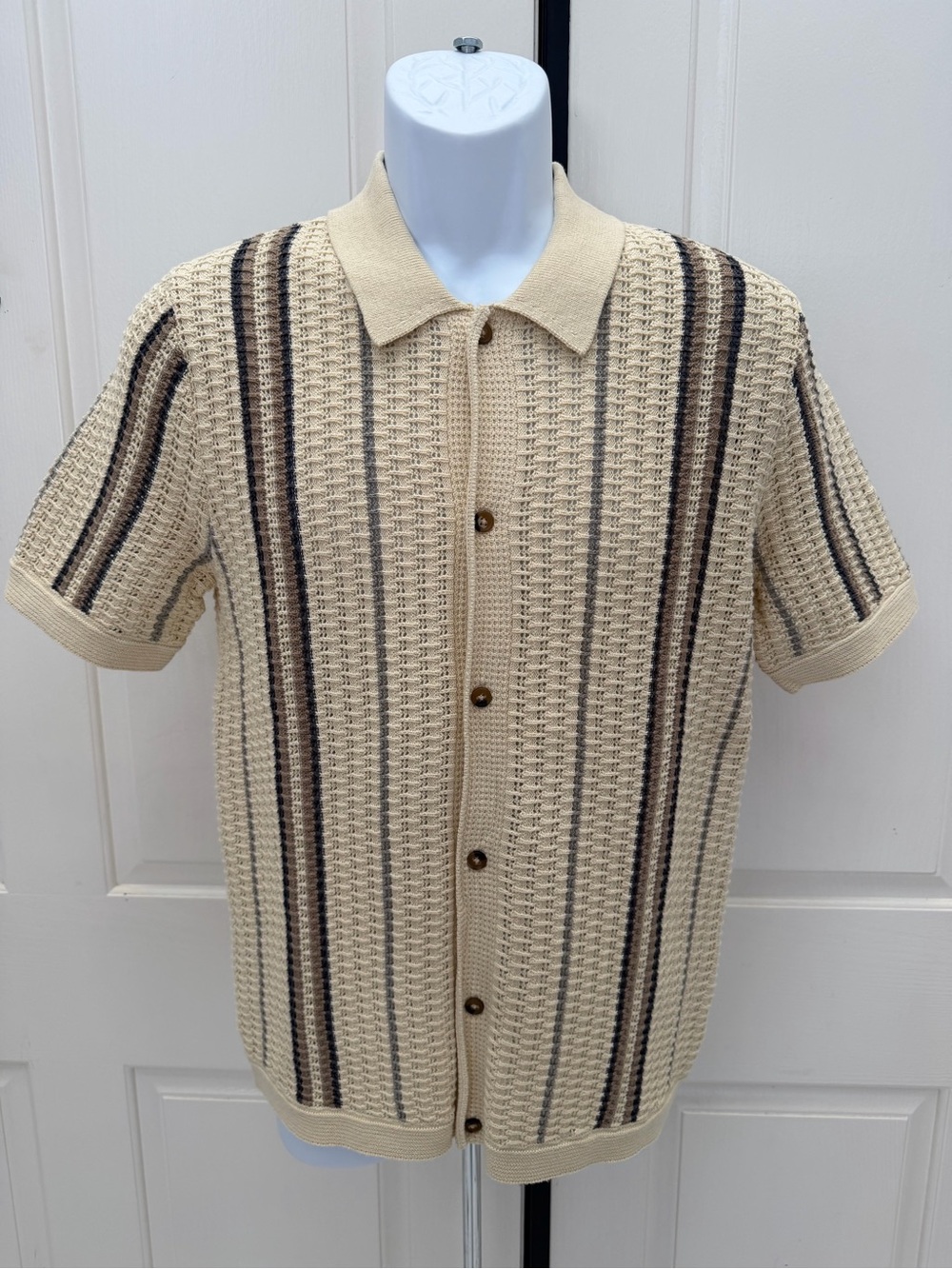 Lucky Brand Vintage Style Cream Crochet Knit Button-Up Polo Shirt Sz S